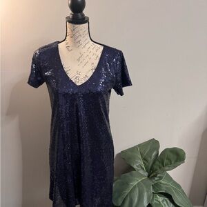 Lulus Sequin Dress Small Navy Blue V Neck Short Sleeve Party Cocktail Mini Dress